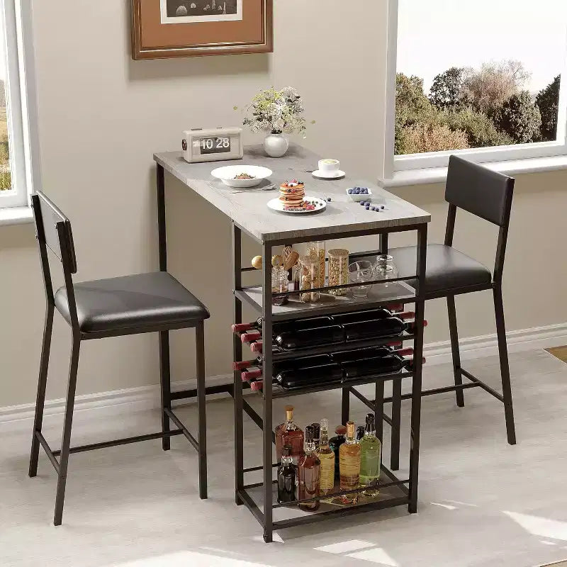 Dining Table Set for 2, High Top Bar Table and Chairs Set, Open Storage Shelves, Built-in Cup Holder & Wine Rack, for Small Kitchens, Apartments