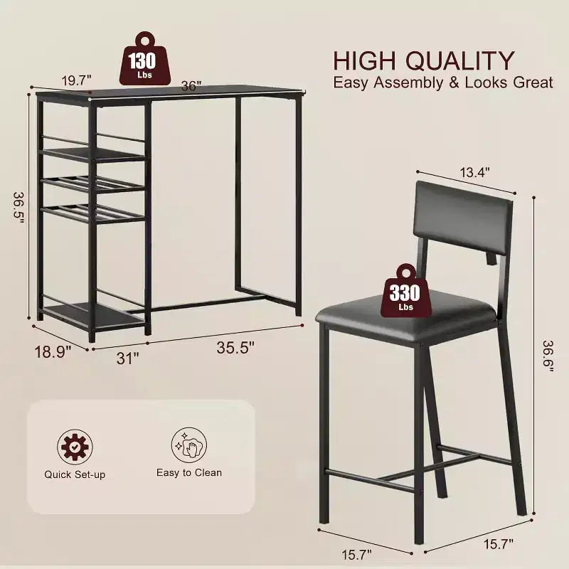 Dining Table Set for 2, High Top Bar Table and Chairs Set, Open Storage Shelves, Built-in Cup Holder & Wine Rack, for Small Kitchens, Apartments