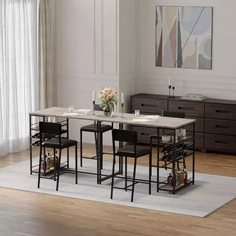 Dining Table Set for 2, High Top Bar Table and Chairs Set, Open Storage Shelves, Built-in Cup Holder & Wine Rack, for Small Kitchens, Apartments