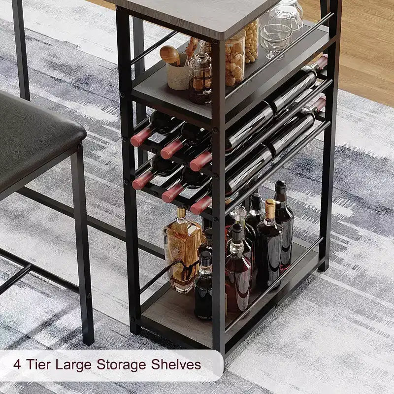 Dining Table Set for 2, High Top Bar Table and Chairs Set, Open Storage Shelves, Built-in Cup Holder & Wine Rack, for Small Kitchens, Apartments