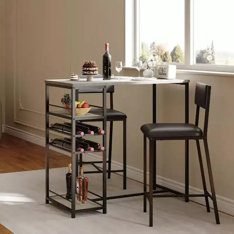 Dining Table Set for 2, High Top Bar Table and Chairs Set, Open Storage Shelves, Built-in Cup Holder & Wine Rack, for Small Kitchens, Apartments
