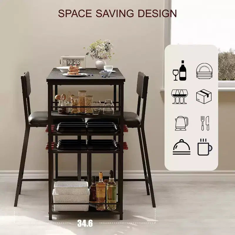 Dining Table Set for 2, High Top Bar Table and Chairs Set, Open Storage Shelves, Built-in Cup Holder & Wine Rack, for Small Kitchens, Apartments