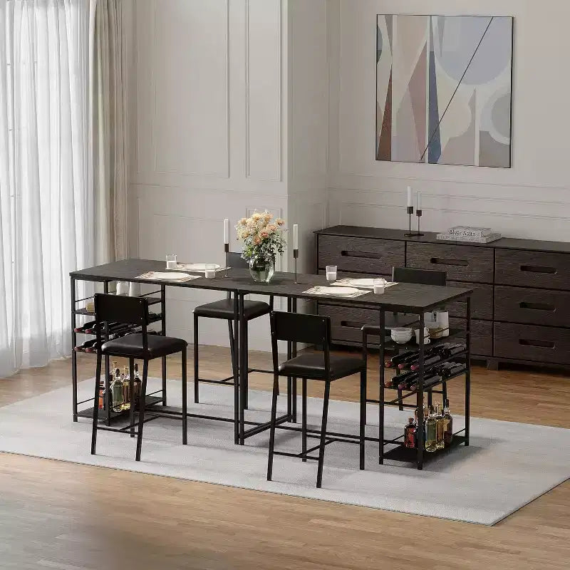Dining Table Set for 2, High Top Bar Table and Chairs Set, Open Storage Shelves, Built-in Cup Holder & Wine Rack, for Small Kitchens, Apartments