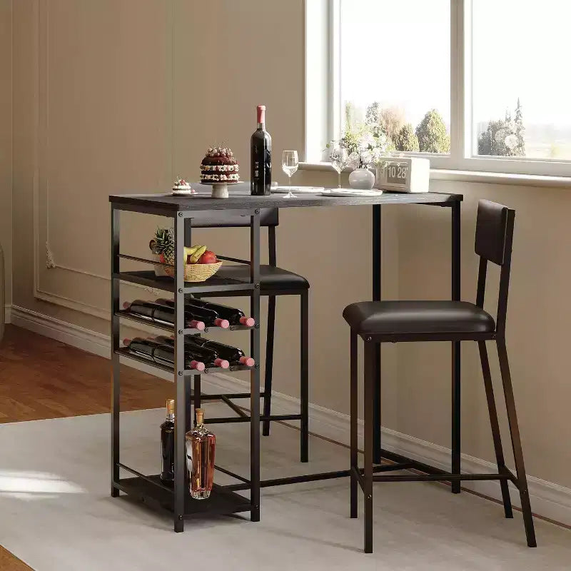 Dining Table Set for 2, High Top Bar Table and Chairs Set, Open Storage Shelves, Built-in Cup Holder & Wine Rack, for Small Kitchens, Apartments