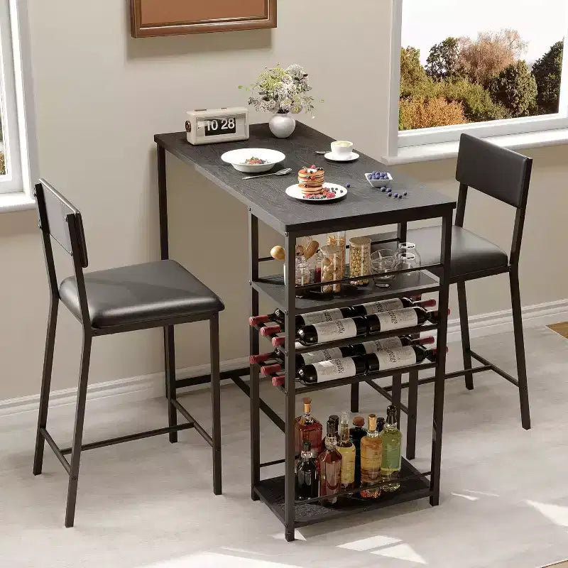 Dining Table Set for 2, High Top Bar Table and Chairs Set, Open Storage Shelves, Built-in Cup Holder & Wine Rack, for Small Kitchens, Apartments