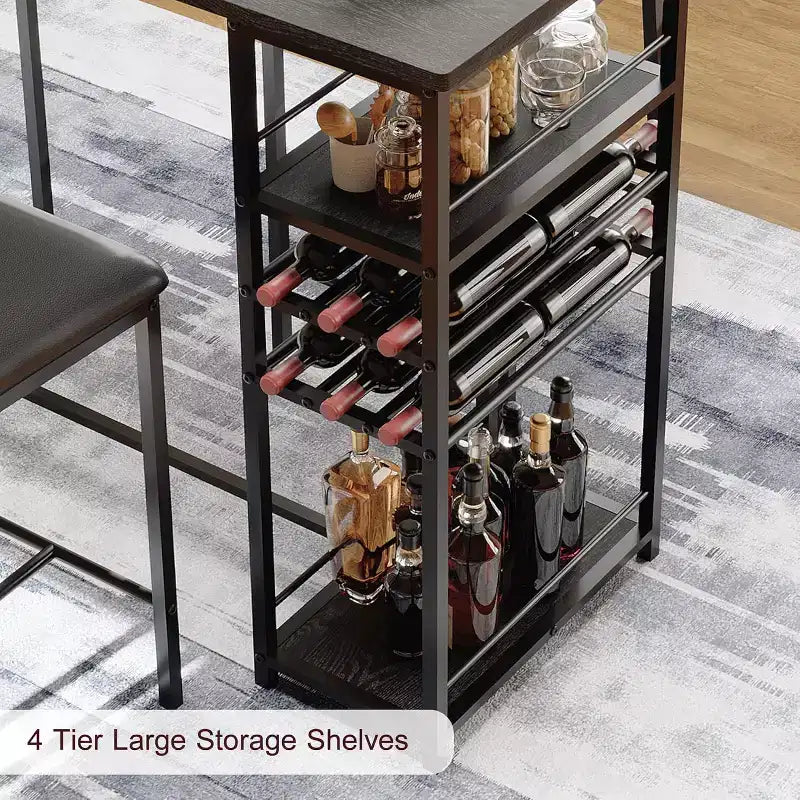 Dining Table Set for 2, High Top Bar Table and Chairs Set, Open Storage Shelves, Built-in Cup Holder & Wine Rack, for Small Kitchens, Apartments