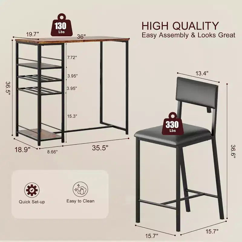 Dining Table Set for 2, High Top Bar Table and Chairs Set, Open Storage Shelves, Built-in Cup Holder & Wine Rack, for Small Kitchens, Apartments
