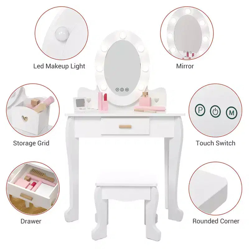 Table de Maquillage et Tabouret pour Enfants, Chaise de Coiffeuse avec Maquillage en Bois pour Filles de 4 à 9 Ans
