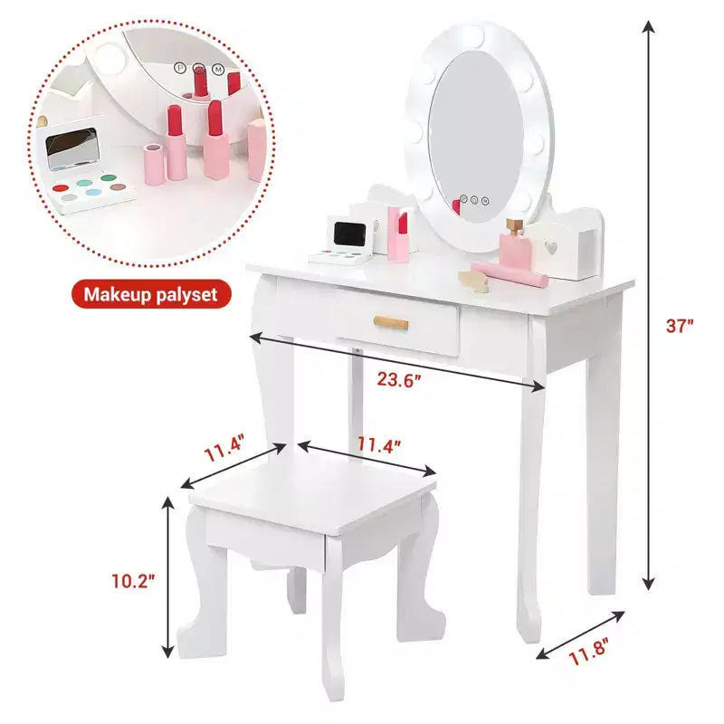 Table de Maquillage et Tabouret pour Enfants, Chaise de Coiffeuse avec Maquillage en Bois pour Filles de 4 à 9 Ans