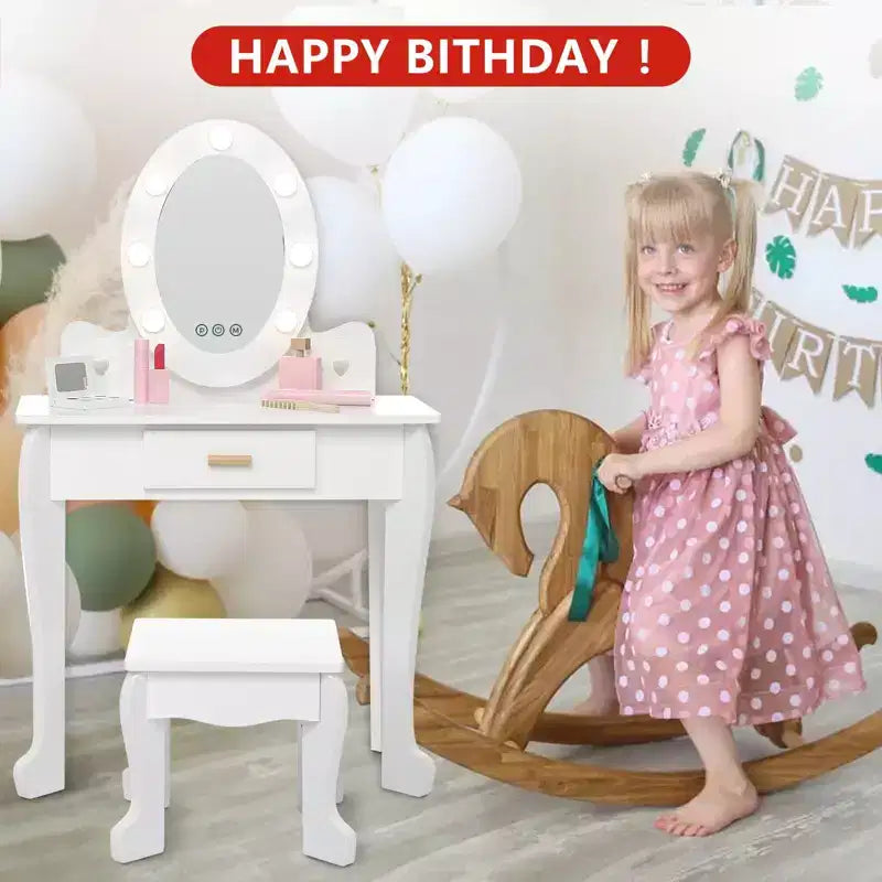 Table de Maquillage et Tabouret pour Enfants, Chaise de Coiffeuse avec Maquillage en Bois pour Filles de 4 à 9 Ans