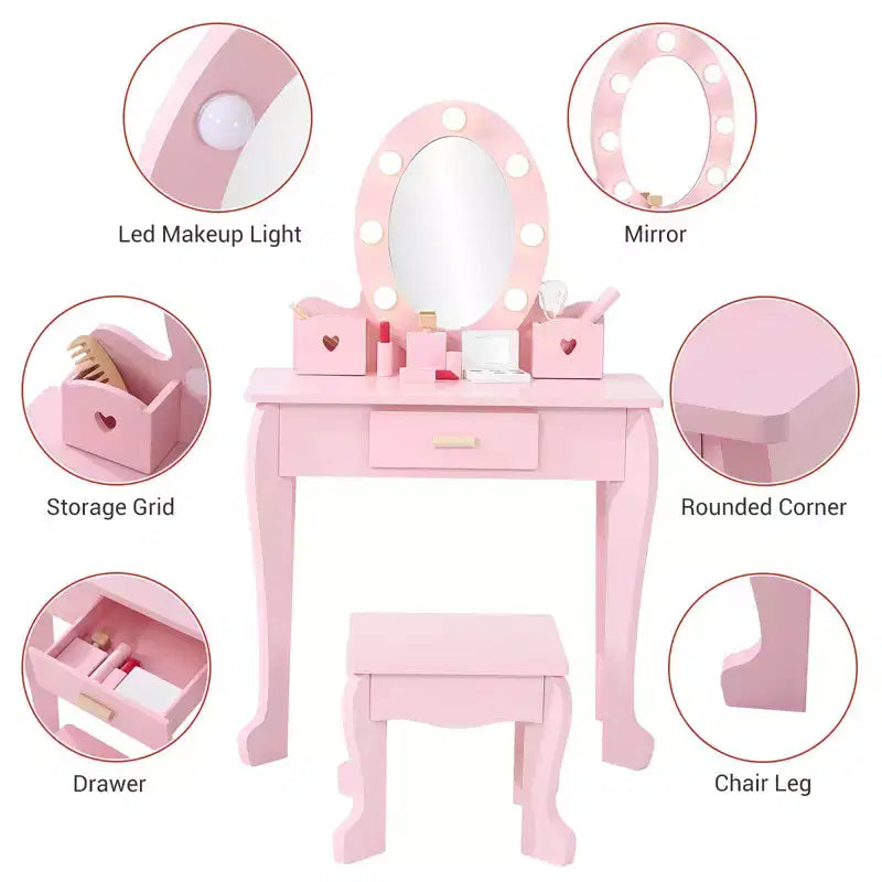 Table de Maquillage et Tabouret pour Enfants, Chaise de Coiffeuse avec Maquillage en Bois pour Filles de 4 à 9 Ans