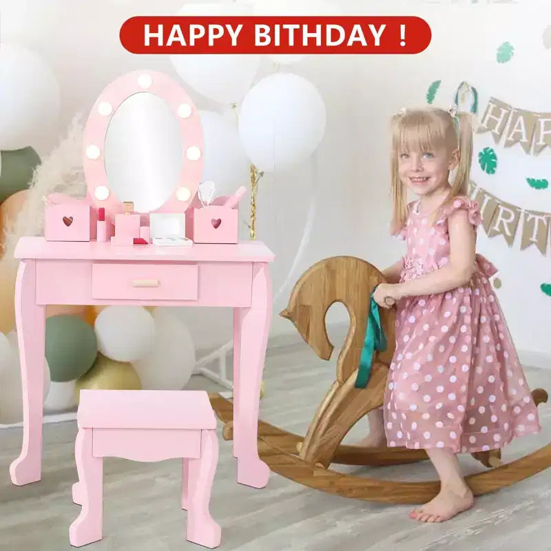 Table de Maquillage et Tabouret pour Enfants, Chaise de Coiffeuse avec Maquillage en Bois pour Filles de 4 à 9 Ans