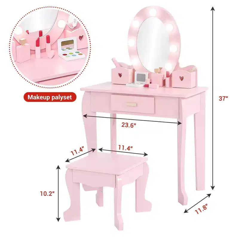 Table de Maquillage et Tabouret pour Enfants, Chaise de Coiffeuse avec Maquillage en Bois pour Filles de 4 à 9 Ans