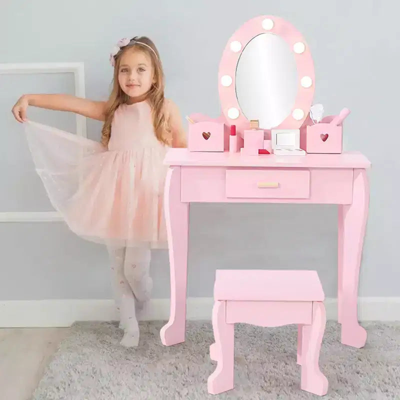 Kids' Vanity Set, Makeup Table and Stool for Girls, Vanity Table and Chair Set with Wood Makeup Playset for 4-9 Girls