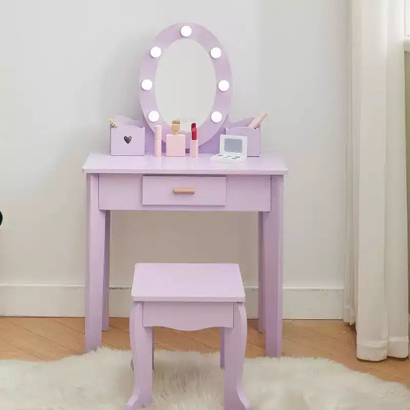 Table de Maquillage et Tabouret pour Enfants, Chaise de Coiffeuse avec Maquillage en Bois pour Filles de 4 à 9 Ans