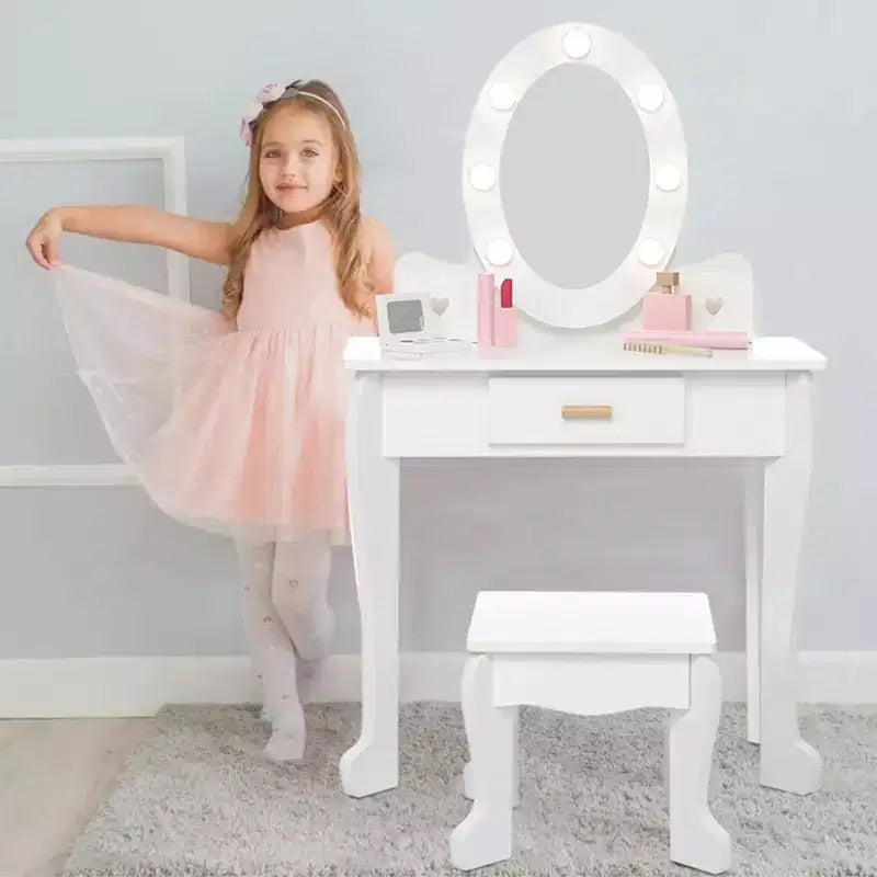 Table de Maquillage et Tabouret pour Enfants, Chaise de Coiffeuse avec Maquillage en Bois pour Filles de 4 à 9 Ans