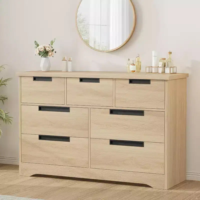 Natural 7-Drawer Dresser with Recessed Handles, Modern Storage Organizer for Living Room Nursery Hallway, Multi-Purpose Wood Tone Finish Cabinet