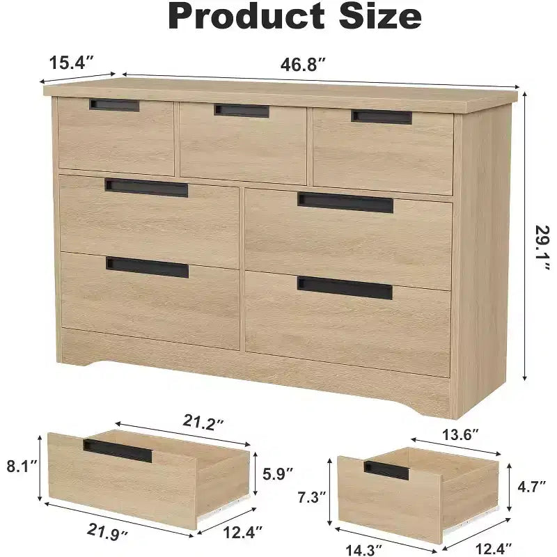 Commode Naturelle à 7 Tiroirs avec Poignées Encastrées, Organisateur de Rangement Moderne pour Salon, Chambre de Bébé, Couloir, Armoire Polyvalente Fini Bois
