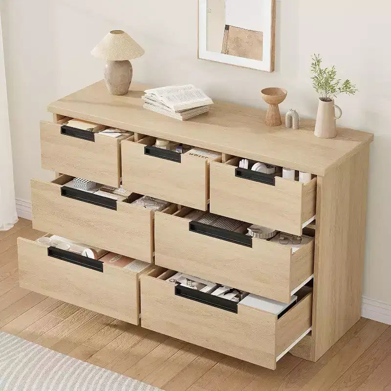 Commode Naturelle à 7 Tiroirs avec Poignées Encastrées, Organisateur de Rangement Moderne pour Salon, Chambre de Bébé, Couloir, Armoire Polyvalente Fini Bois