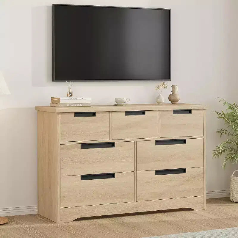 Commode Naturelle à 7 Tiroirs avec Poignées Encastrées, Organisateur de Rangement Moderne pour Salon, Chambre de Bébé, Couloir, Armoire Polyvalente Fini Bois