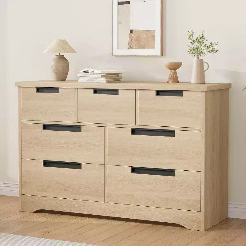 Commode Naturelle à 7 Tiroirs avec Poignées Encastrées, Organisateur de Rangement Moderne pour Salon, Chambre de Bébé, Couloir, Armoire Polyvalente Fini Bois