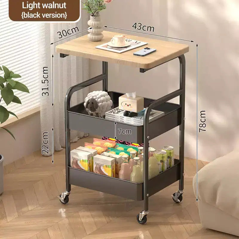Chariot de cuisine utilitaire à 3 niveaux avec plateau en bois et roulettes, chariot de rangement roulant pour la cuisine, la salle de bain, le bureau ou la maison, noir