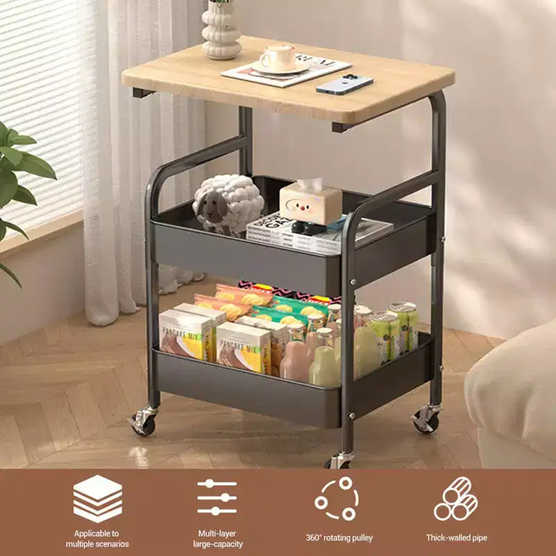 Chariot de cuisine utilitaire à 3 niveaux avec plateau en bois et roulettes, chariot de rangement roulant pour la cuisine, la salle de bain, le bureau ou la maison, noir