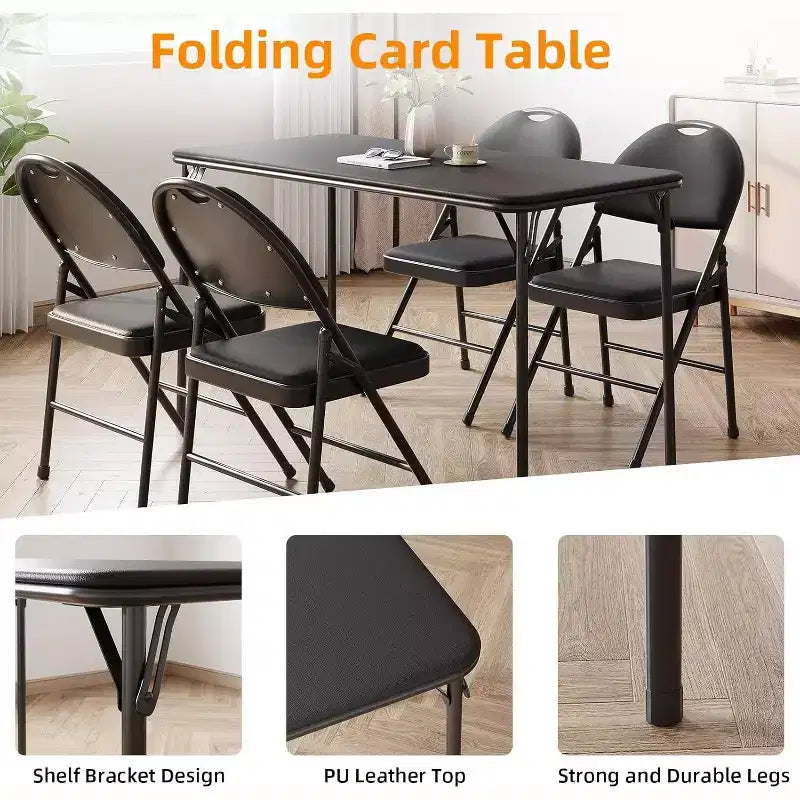 Table rectangulaire pliante portable avec surface en cuir PU, cadre métallique robuste, pieds antidérapants, résistante aux marques et aux éraflures.