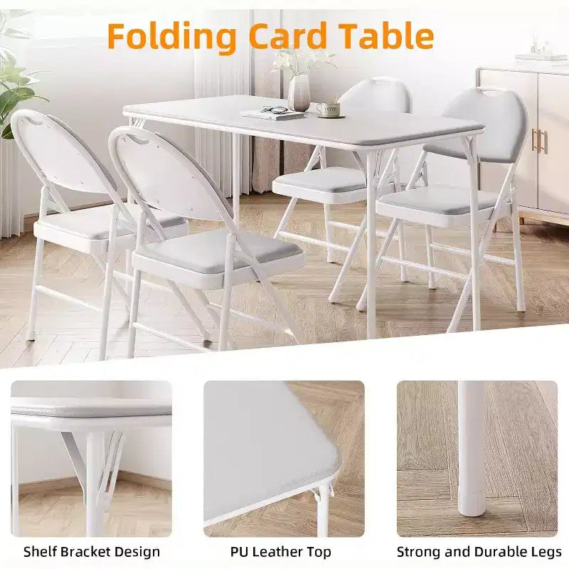 Table rectangulaire pliante portable avec surface en cuir PU, cadre métallique robuste, pieds antidérapants, résistante aux marques et aux éraflures.