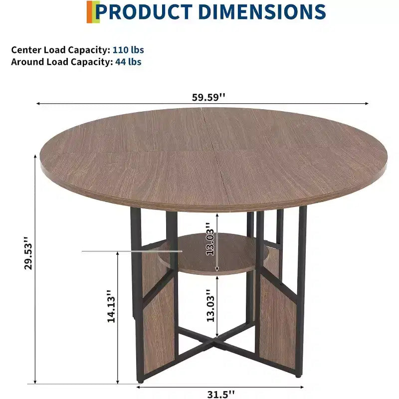 Table à manger ronde de 59 pouces, Table de salle à manger pour 4 à 6 personnes, Grandes tables de salle à manger en bois avec base piédestal en métal robuste, Noyer