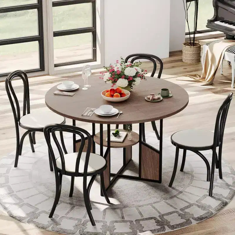 Table à manger ronde de 59 pouces, Table de salle à manger pour 4 à 6 personnes, Grandes tables de salle à manger en bois avec base piédestal en métal robuste, Noyer