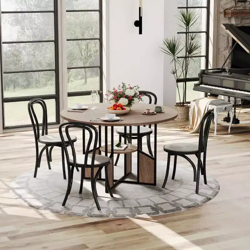 Table à manger ronde de 59 pouces, Table de salle à manger pour 4 à 6 personnes, Grandes tables de salle à manger en bois avec base piédestal en métal robuste, Noyer