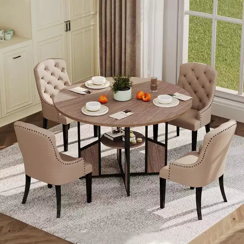 Table à manger ronde de 59 pouces, Table de salle à manger pour 4 à 6 personnes, Grandes tables de salle à manger en bois avec base piédestal en métal robuste, Noyer