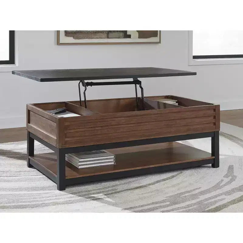 Table basse relevable avec rangement, marron chaud/noir