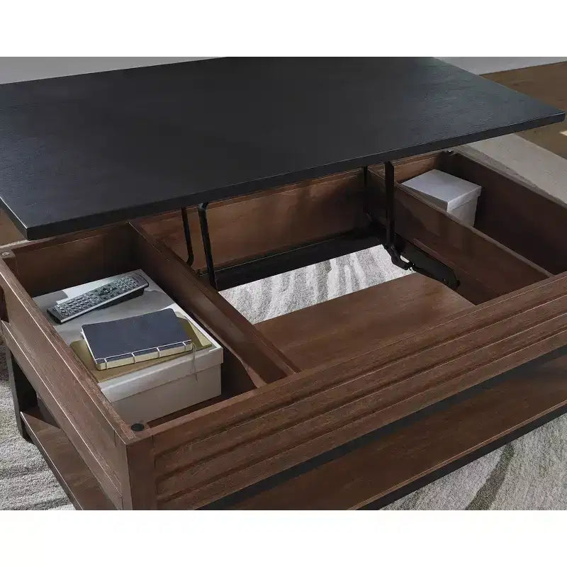 Table basse relevable avec rangement, marron chaud/noir