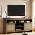 58 inch TV Stand for up to 65 inch TVs - Rattan Accent Entertainment Center with Adjustable Shelves, Boho Farmhouse Style for Living Room & Apartment