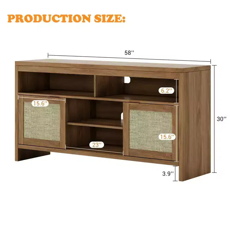 Meuble TV de 147 cm pour téléviseurs jusqu'à 165 cm - Meuble TV style bohème chic avec accents en rotin et étagères réglables, style ferme moderne pour salon et appartement