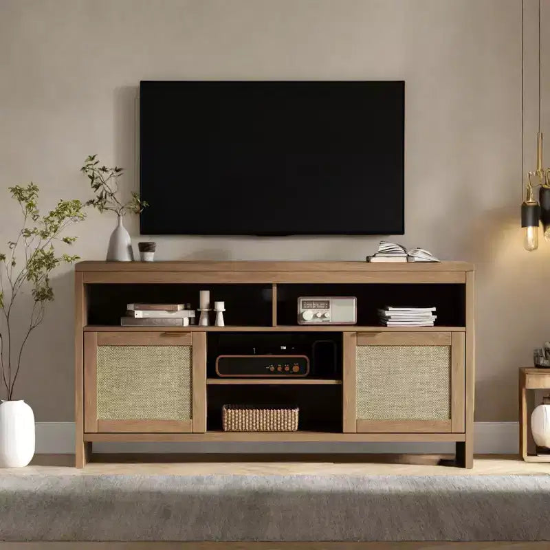 Meuble TV de 147 cm pour téléviseurs jusqu'à 165 cm - Meuble TV style bohème chic avec accents en rotin et étagères réglables, style ferme moderne pour salon et appartement