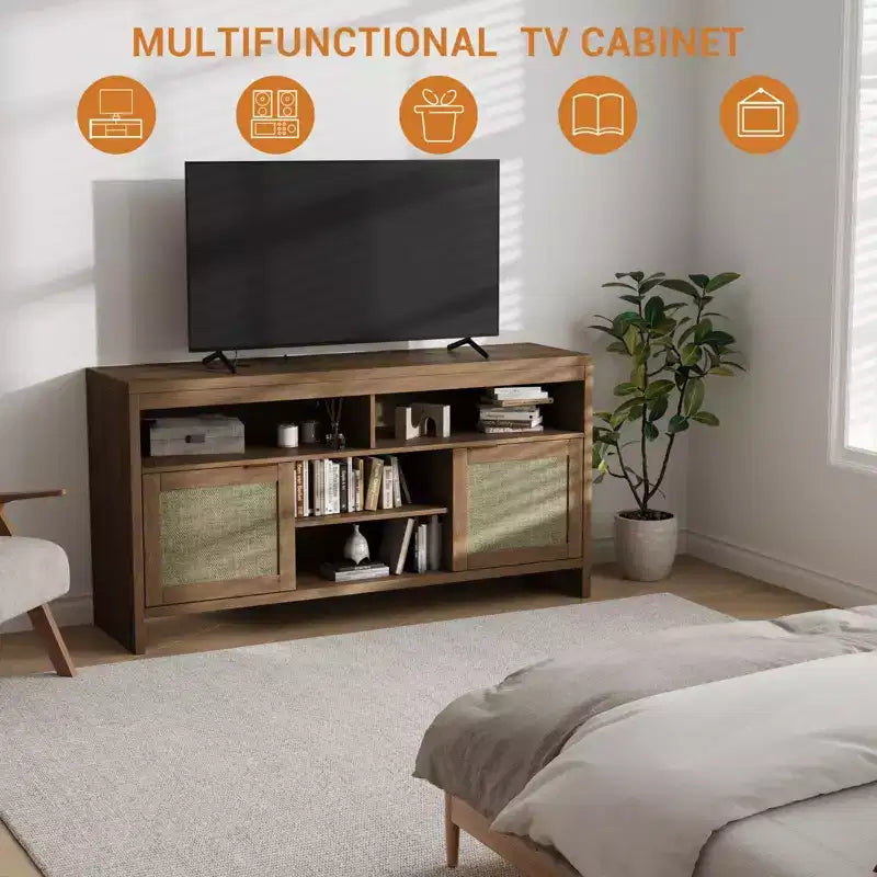 Meuble TV de 147 cm pour téléviseurs jusqu'à 165 cm - Meuble TV style bohème chic avec accents en rotin et étagères réglables, style ferme moderne pour salon et appartement