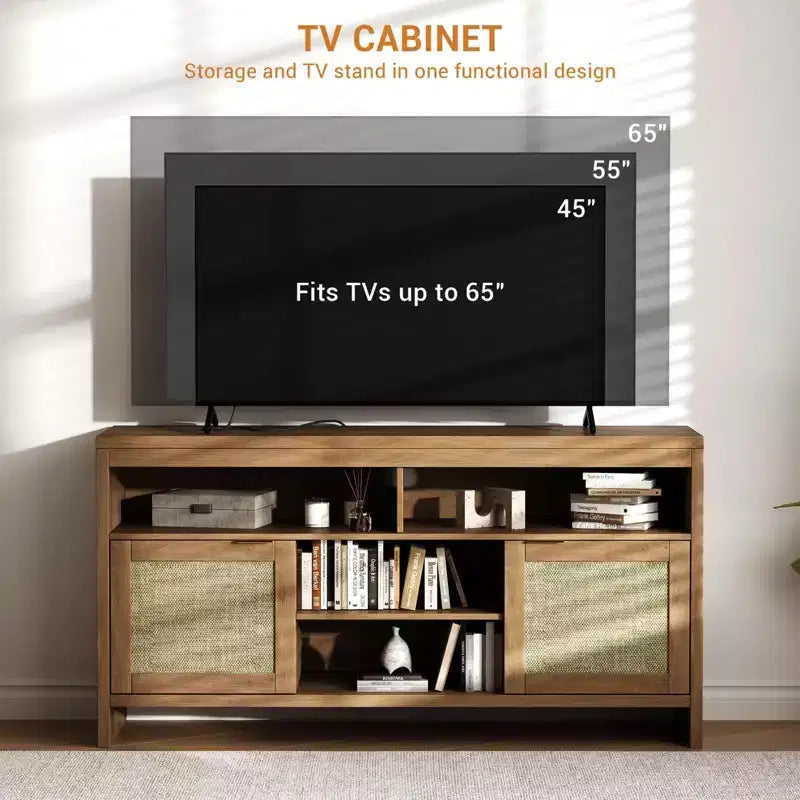 Meuble TV de 147 cm pour téléviseurs jusqu'à 165 cm - Meuble TV style bohème chic avec accents en rotin et étagères réglables, style ferme moderne pour salon et appartement