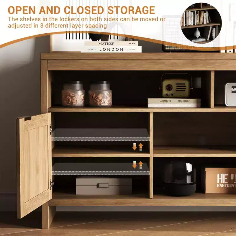 Meuble TV de 147 cm pour téléviseurs jusqu'à 165 cm - Meuble TV style bohème chic avec accents en rotin et étagères réglables, style ferme moderne pour salon et appartement