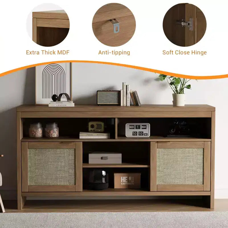 Meuble TV de 147 cm pour téléviseurs jusqu'à 165 cm - Meuble TV style bohème chic avec accents en rotin et étagères réglables, style ferme moderne pour salon et appartement