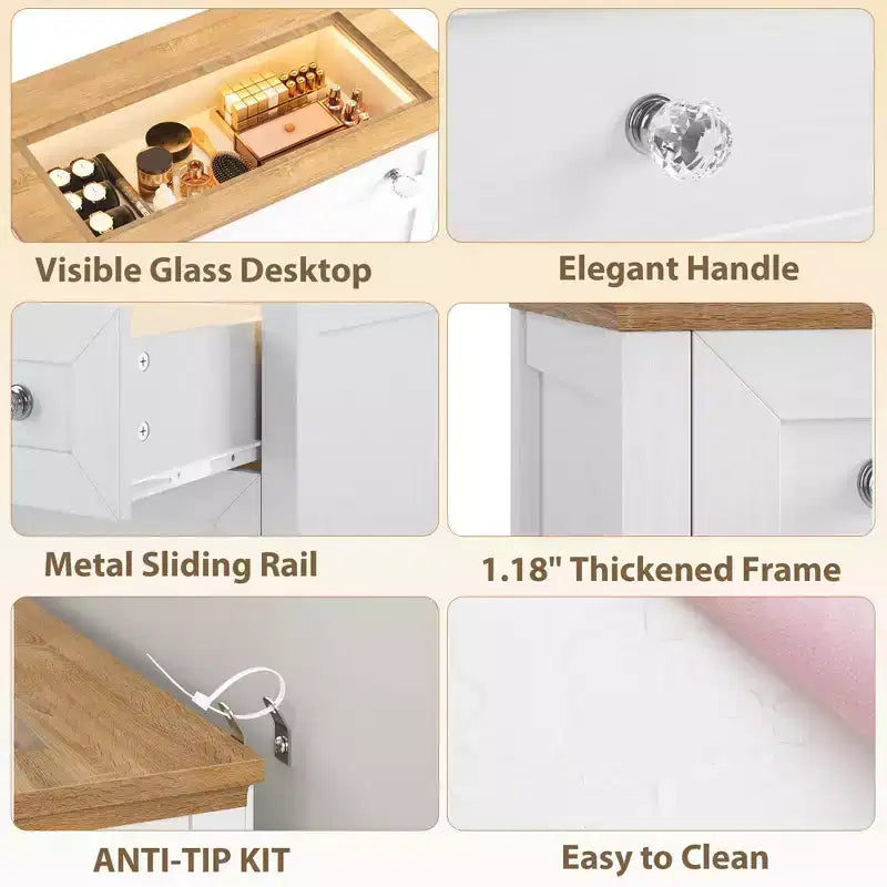 Commode blanche avec lumière LED - Table de chevet à 4 tiroirs avec veilleuse, plateau en verre visible pour chambre, salon, entrée