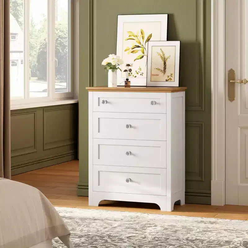 Commode blanche avec lumière LED - Table de chevet à 4 tiroirs avec veilleuse, plateau en verre visible pour chambre, salon, entrée