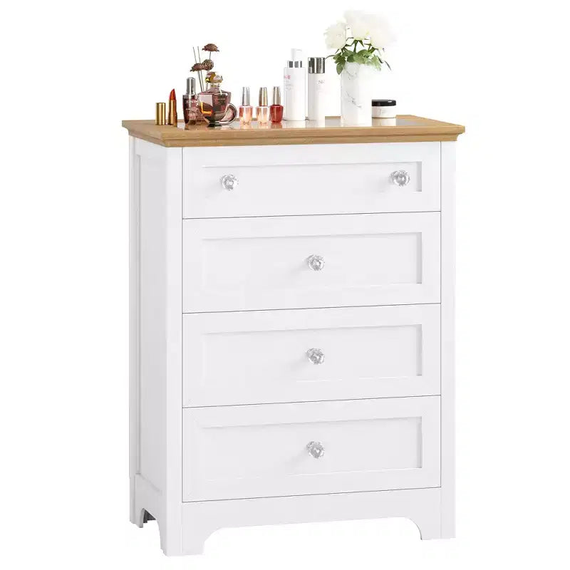 Commode blanche avec lumière LED - Table de chevet à 4 tiroirs avec veilleuse, plateau en verre visible pour chambre, salon, entrée