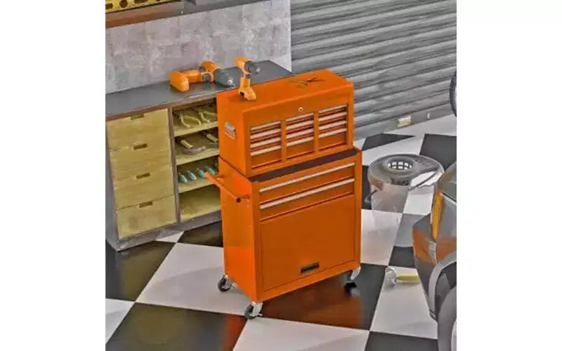 8-Drawer Rolling Tool Cabinet - Orange, High-Capacity Wheels, for Workshop/Warehouse