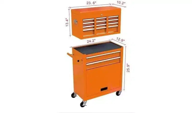 8-Drawer Rolling Tool Cabinet - Orange, High-Capacity Wheels, for Workshop/Warehouse