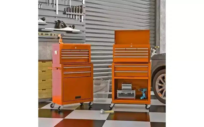 8-Drawer Rolling Tool Cabinet - Orange, High-Capacity Wheels, for Workshop/Warehouse