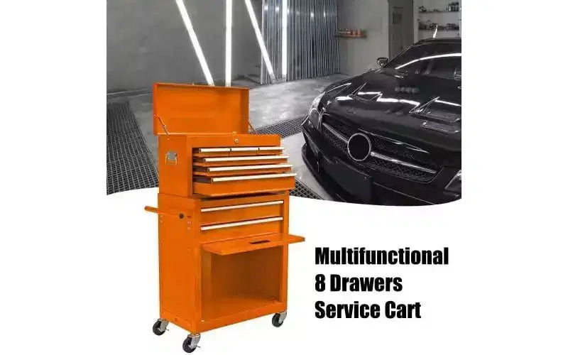 8-Drawer Rolling Tool Cabinet - Orange, High-Capacity Wheels, for Workshop/Warehouse