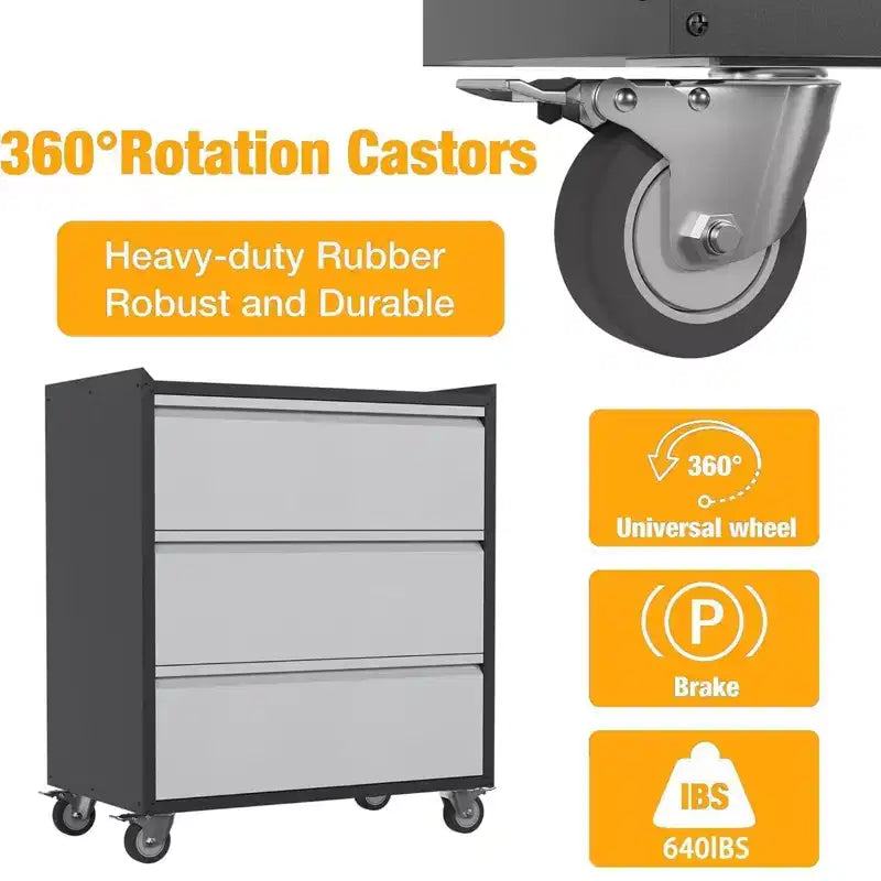 Garvee Rolling Tool Box, 3 Drawers Metal Storage Box for Garage, Warehouse, Black/Gray
